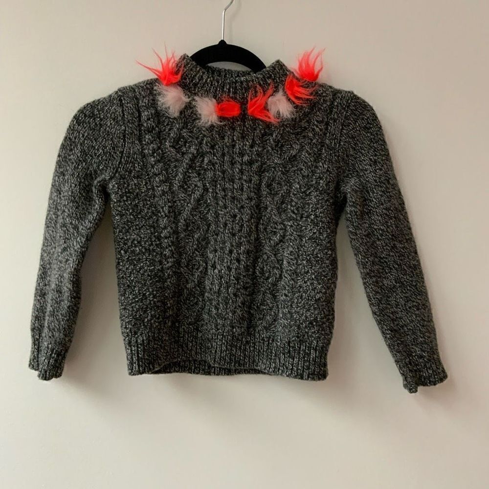 Crewcuts by J.Crew Girls Cable Knit Sweater Fur Detail Mock Neck Gray Size 6/7